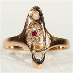  Antique Art Nouveau Diamond, Ruby and Pearl Ring in 18k Gold