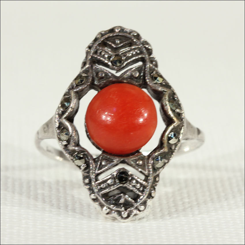 Fantastic Vintage Coral and Marcasite Art Deco Ring in Sterling Silver