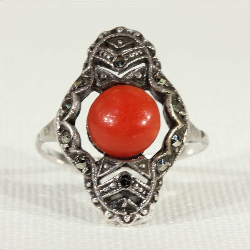 Vintage Coral and Marcasite Art Deco Ring in Sterling Silver