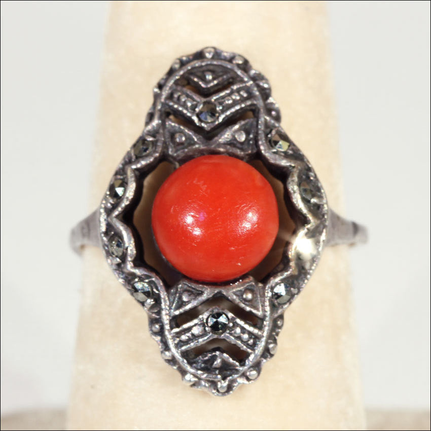 Fantastic Vintage Coral and Marcasite Art Deco Ring in Sterling Silver