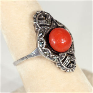 Fantastic Vintage Coral and Marcasite Art Deco Ring in Sterling Silver