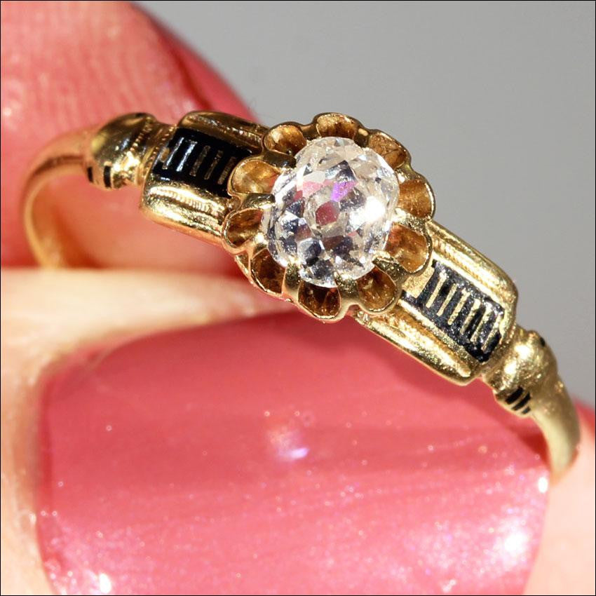 Antique French Diamond Ring with Black Enamel Accents, 18k Gold