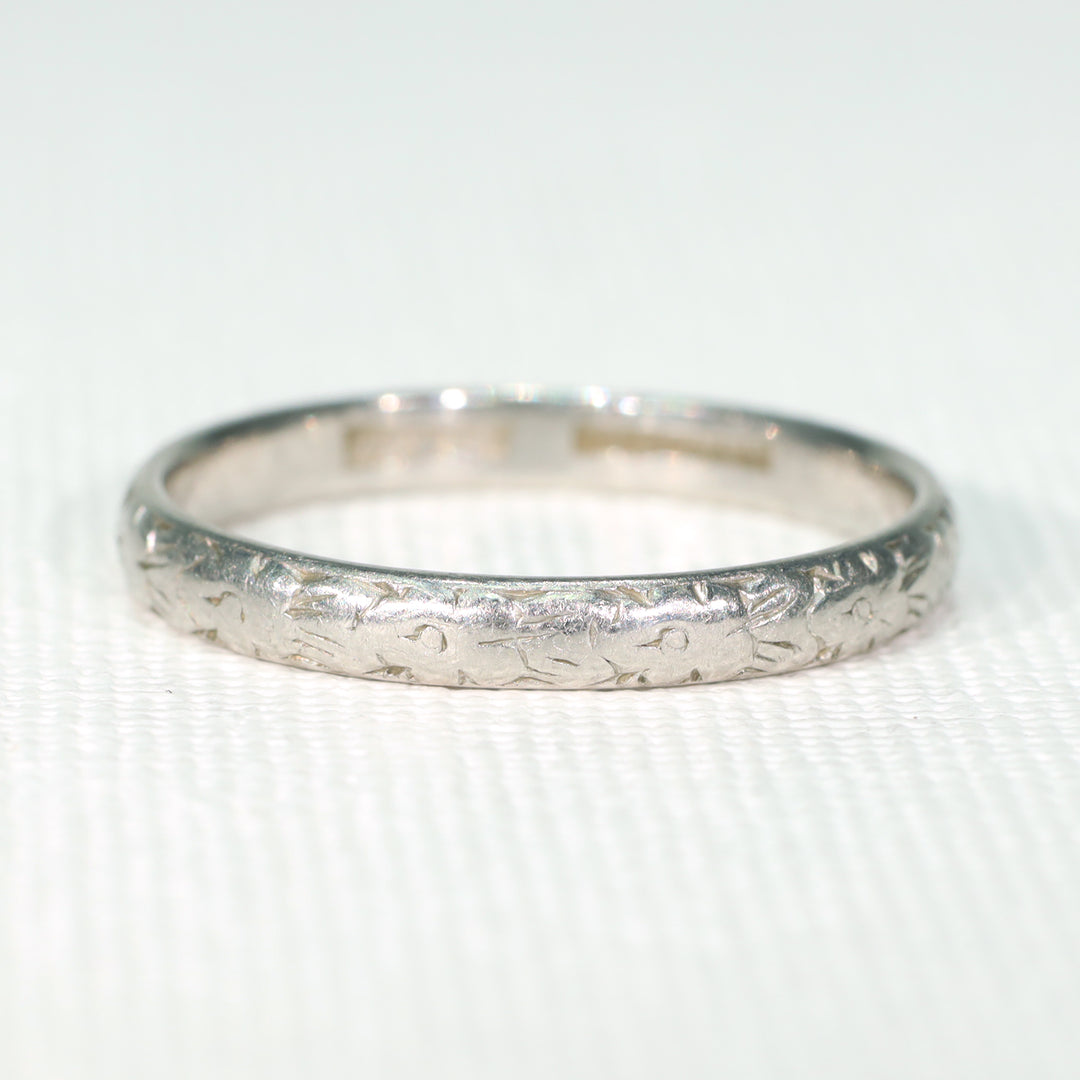 Art Deco Carved Platinum Wedding Band c. 1930 Size 9.25