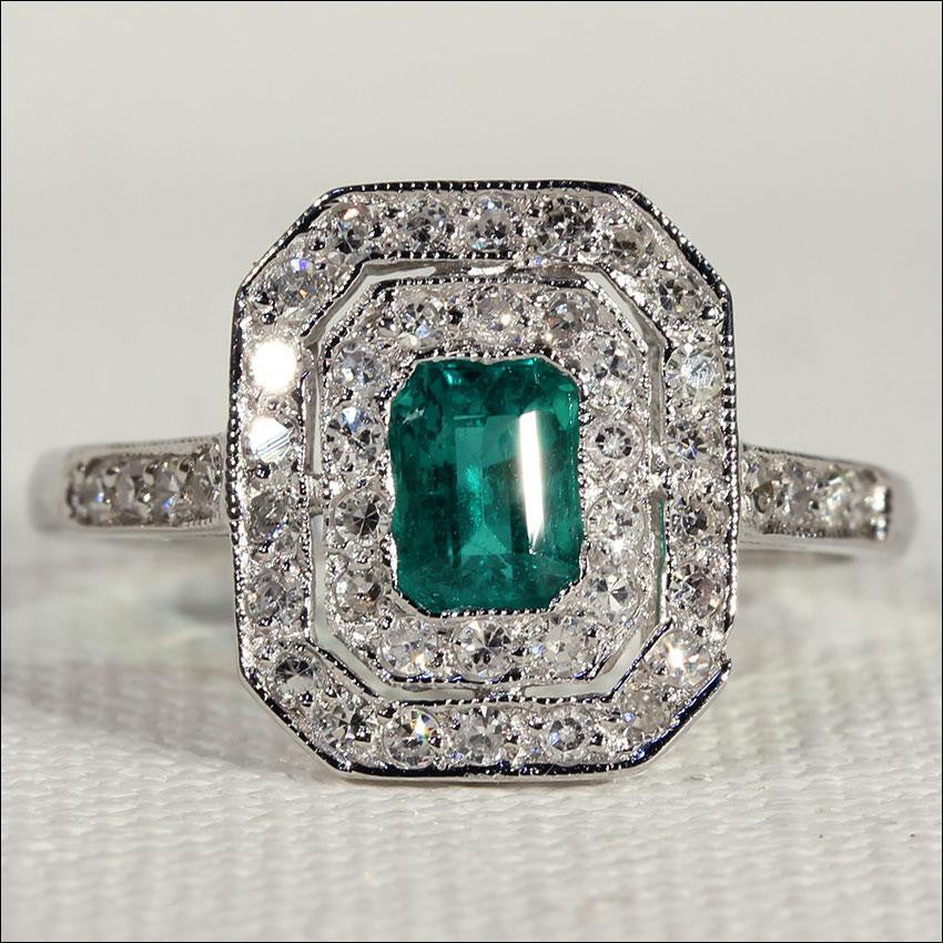 Vintage Emerald and Diamond Double Halo Ring in 18k White Gold