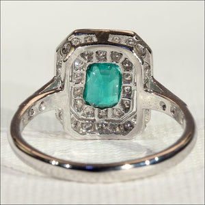 Vintage Emerald and Diamond Double Halo Ring in 18k White Gold