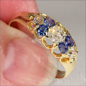 Antique Victorian Diamond and Sapphire Ring in 18k Gold, Hallmarked 1879