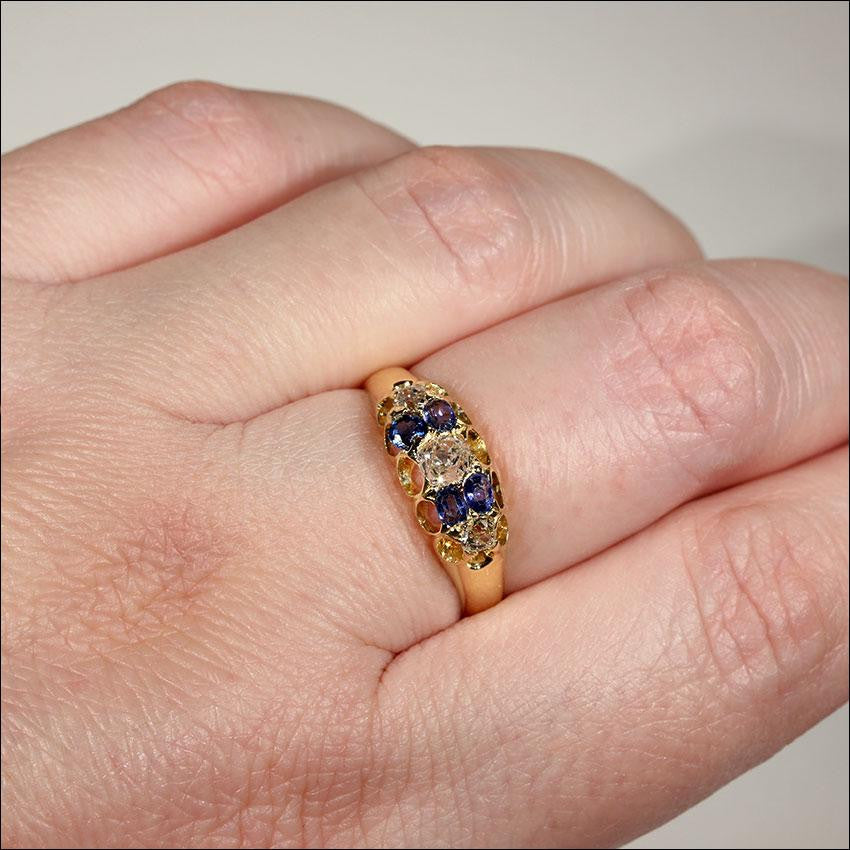 Antique Victorian Diamond and Sapphire Ring in 18k Gold, Hallmarked 1879