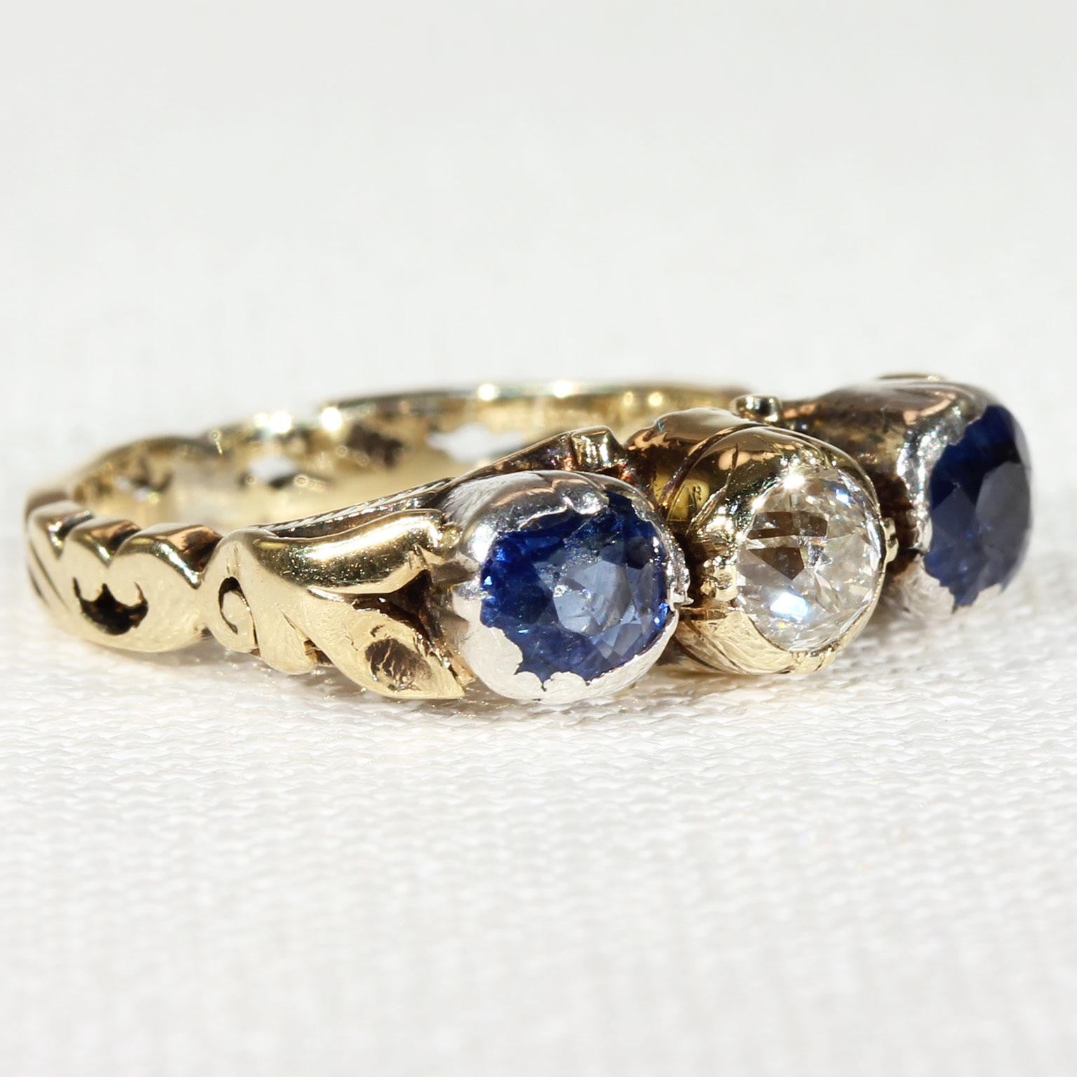 Austro-Hungarian Sapphire Diamond Ring 14k Gold Silver