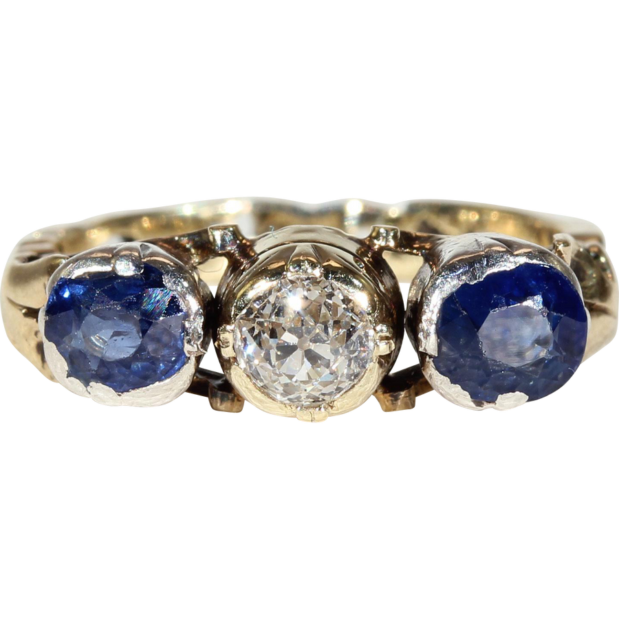 Austro-Hungarian Sapphire Diamond Ring 14k Gold Silver