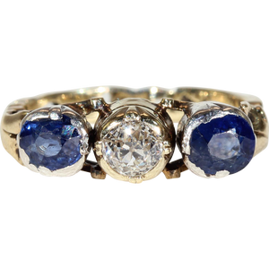 Austro-Hungarian Sapphire Diamond Ring 14k Gold Silver