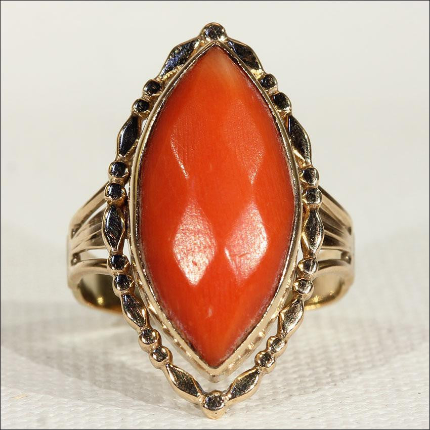 Antique Victorian Navette Shaped Coral Ring in 14k Gold