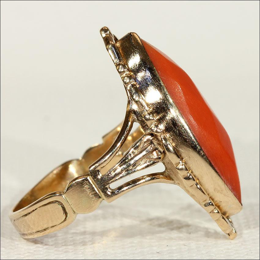 Antique Victorian Navette Shaped Coral Ring in 14k Gold