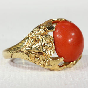 Antique Red Coral Button Ring with Floral Motif