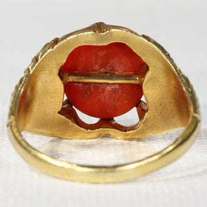 Antique Red Coral Button Ring with Floral Motif