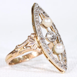 Antique French Diamond Pearl Navette Ring