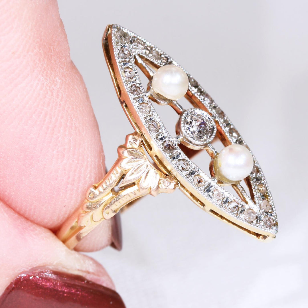 Antique French Diamond Pearl Navette Ring