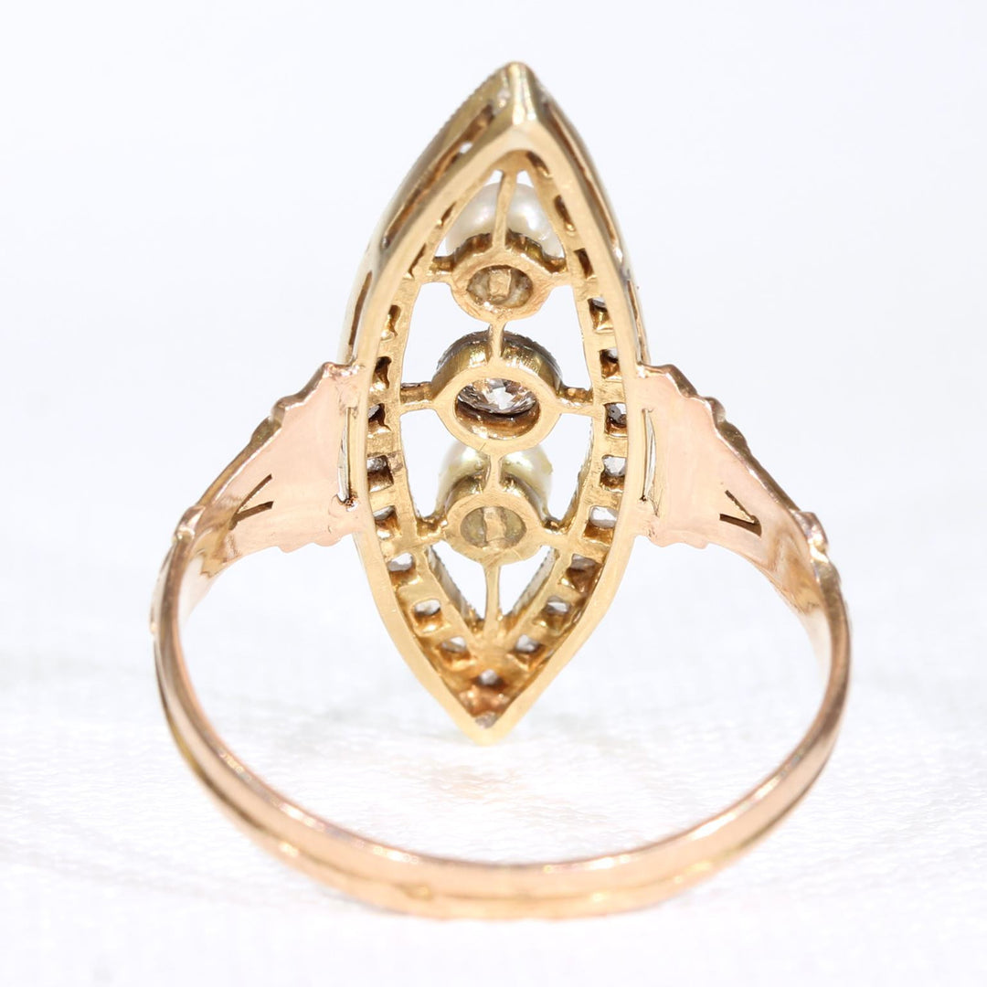 Antique French Diamond Pearl Navette Ring