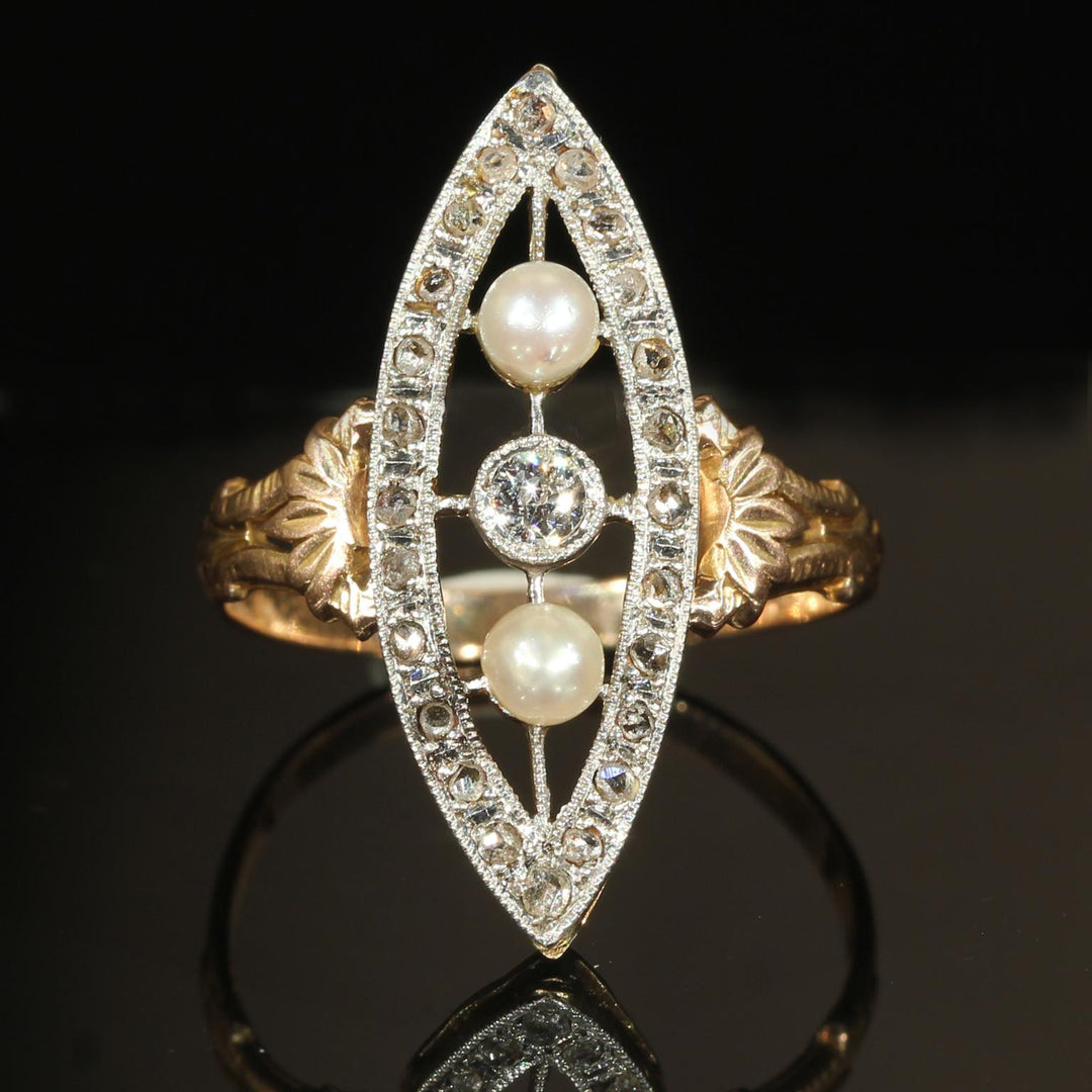 Antique French Diamond Pearl Navette Ring