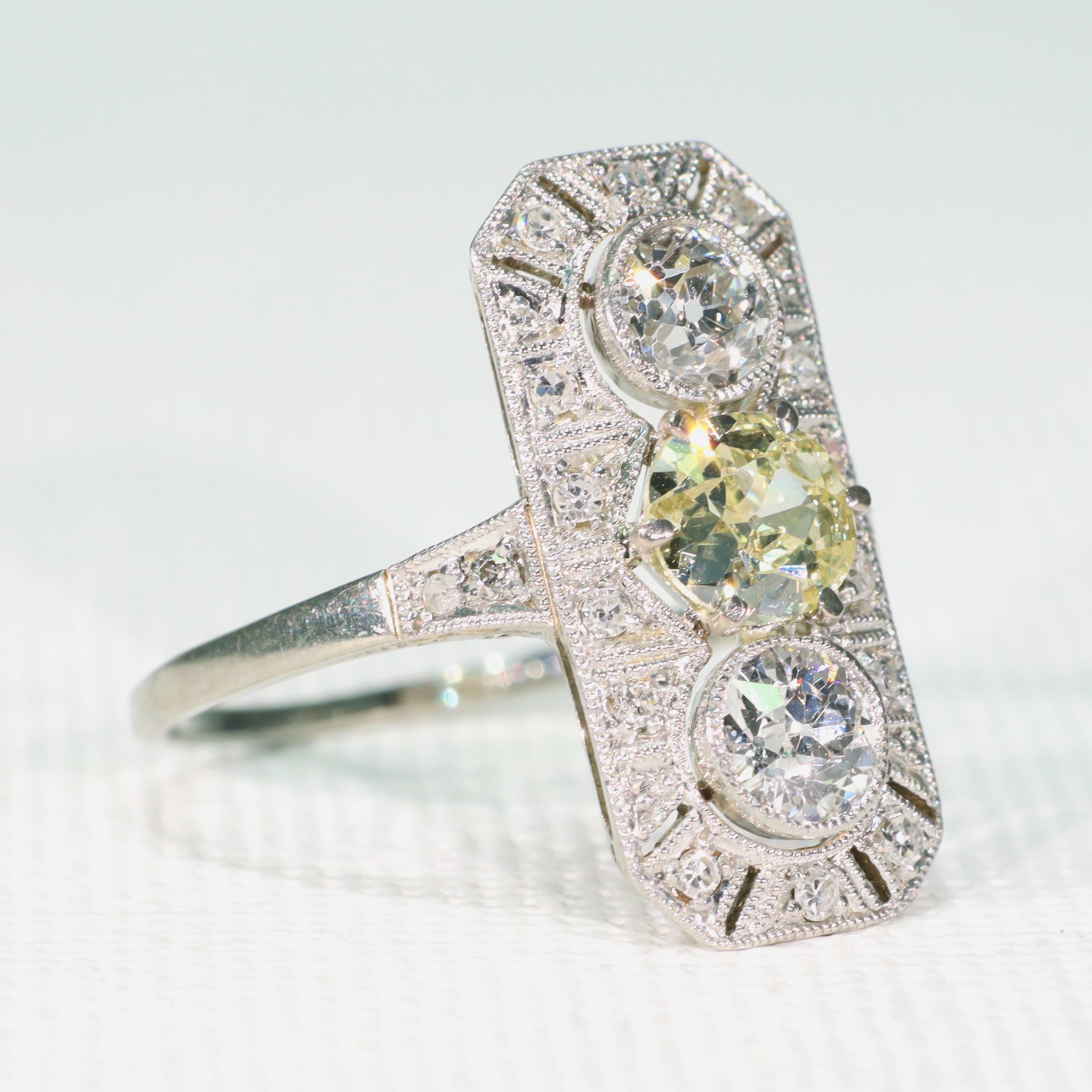 Antique Art Deco Yellow Diamond 3 Stone Ring Engagement Platinum