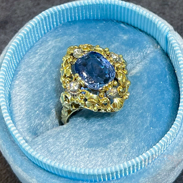 Antique Austro-Hungarian Sapphire Diamond Ring, 14k Gold & Silver Three-Stone Vintage Band, c. 1890