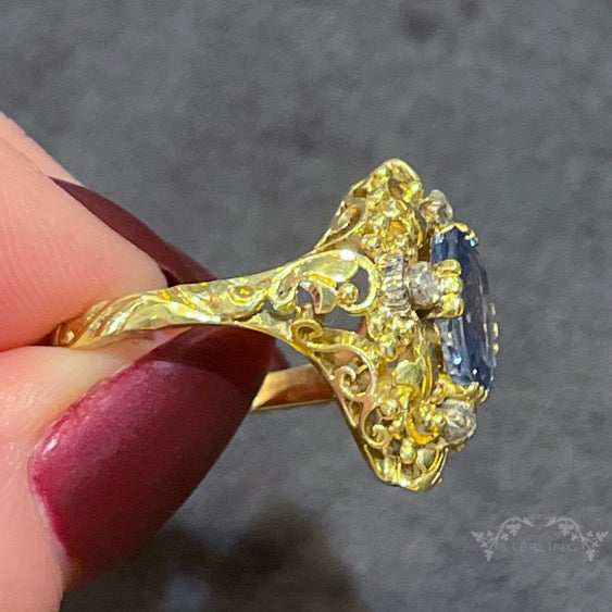 Antique Austro-Hungarian Sapphire Diamond Ring, 14k Gold & Silver Three-Stone Vintage Band, c. 1890