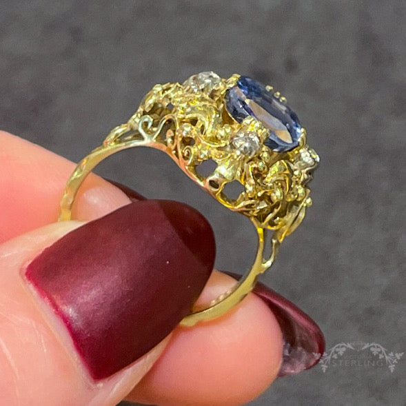 Antique Austro-Hungarian Sapphire Diamond Ring, 14k Gold & Silver Three-Stone Vintage Band, c. 1890