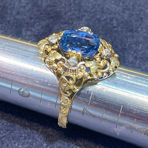Antique Austro-Hungarian Sapphire Diamond Ring, 14k Gold & Silver Three-Stone Vintage Band, c. 1890