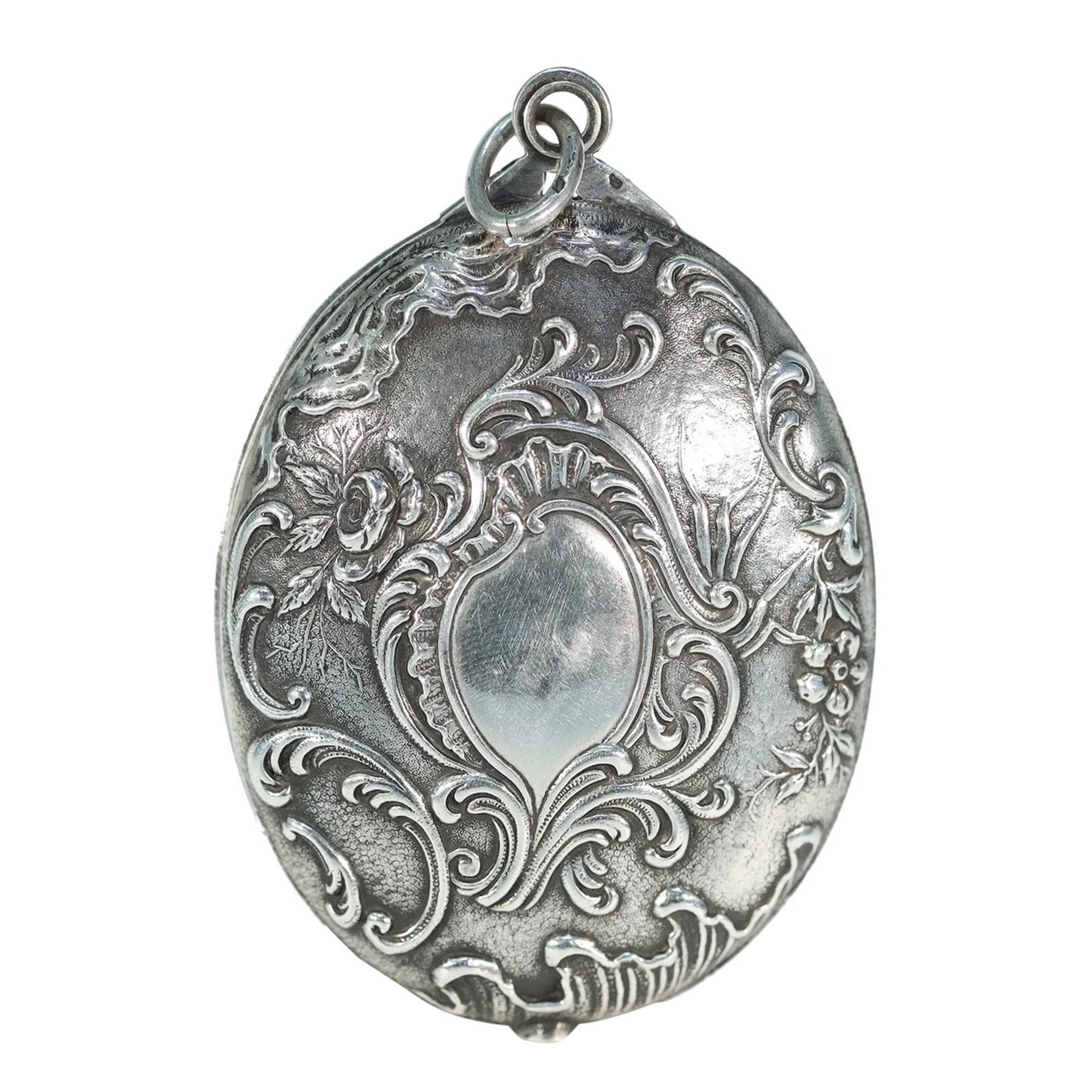 French Silver Repousse Compact Slide Locket Pendant Antique