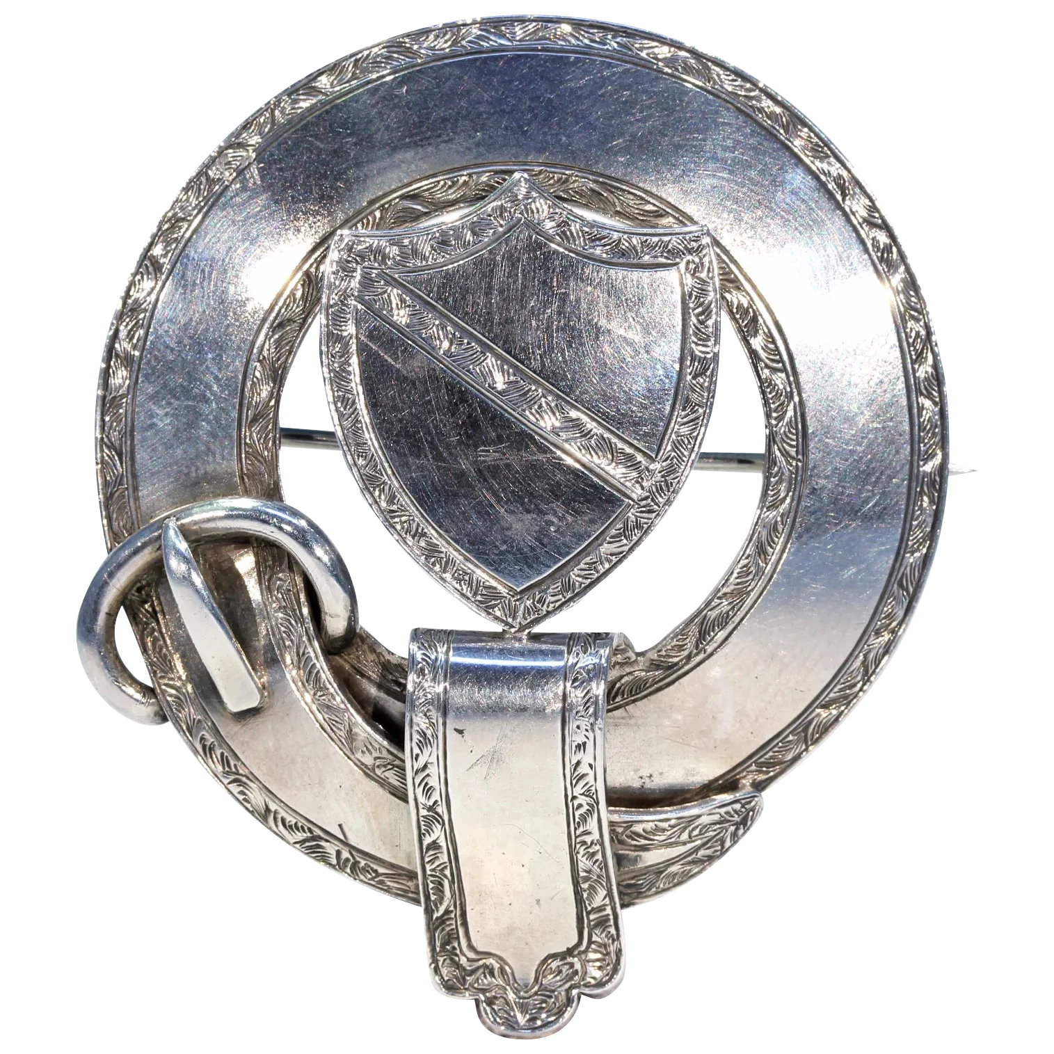 Scottish Victorian Shield and Garter Silver Brooch Pin
