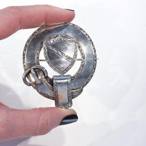 Scottish Victorian Shield and Garter Silver Brooch Pin