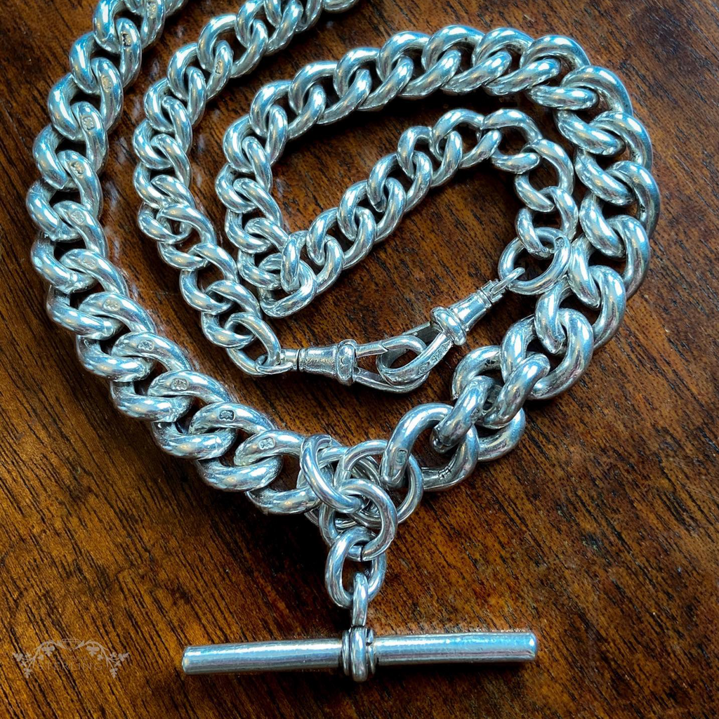Vintage 1900年代～1920年代頃 シルバー製 Watch Chain Antique Edwardian Double Albert Silver Watch Chain Necklace