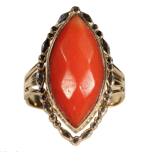 Antique Victorian Navette Shaped Coral Ring in 14k Gold