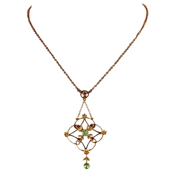 Antique Edwardian Peridot and Garnet Necklace in 9k Gold