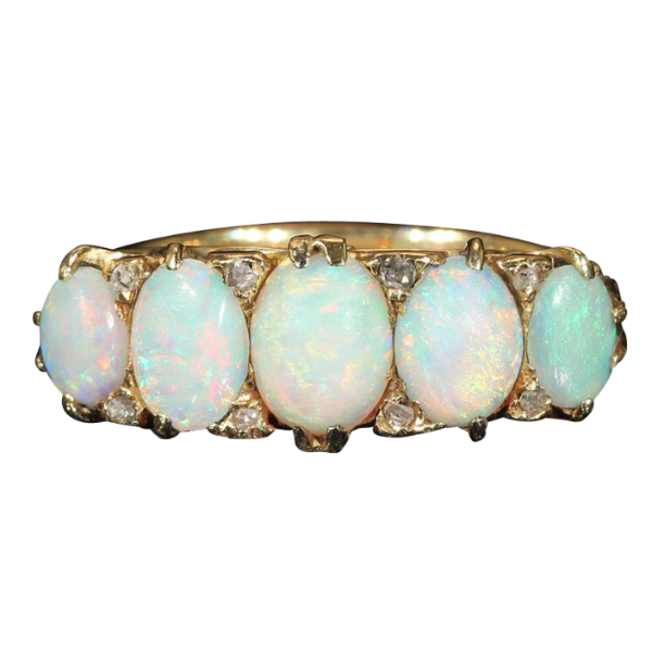 Antique Opal 5 Stone Ring with Rose Cut Diamonds in 18k Gold