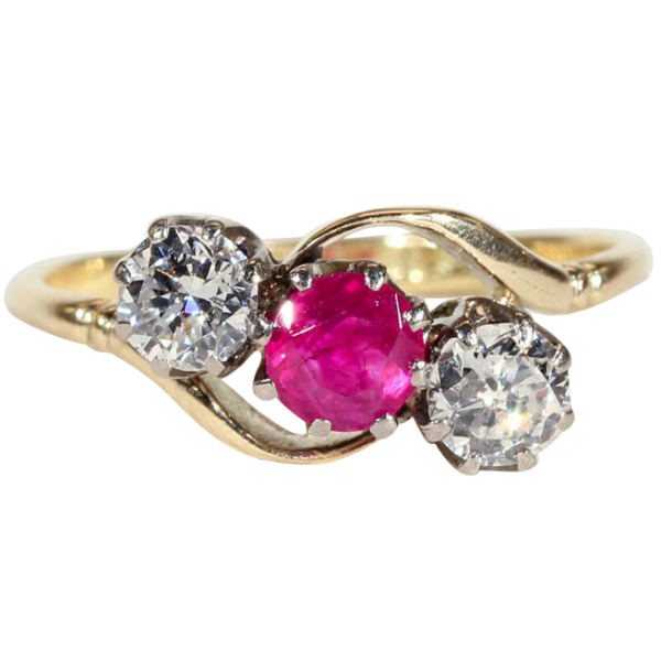 Antique Ruby and Diamond 3 Stone Bypass Ring in 18k Gold and Platinum