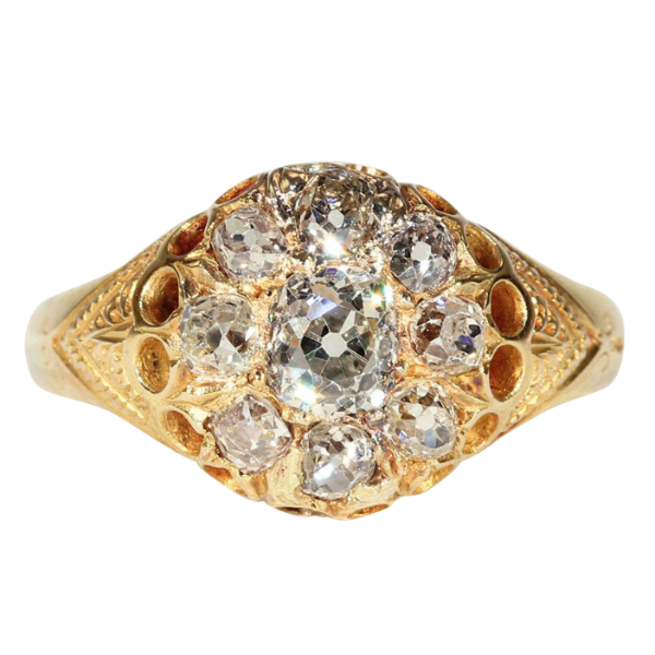 Antique Victorian Diamond Cluster Engagement Ring in 18k Gold, Hallmarked 1874
