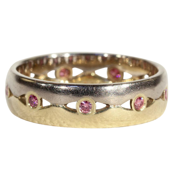 Vintage Yellow and White Gold Band set with Pink Diamonds, size 7.5