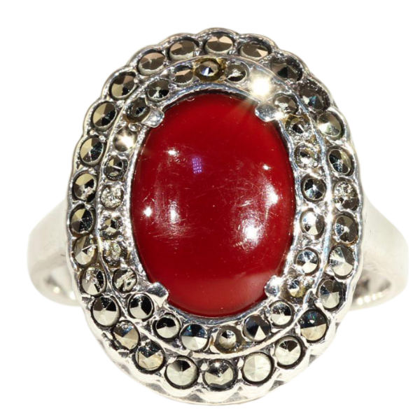 Vintage Art Deco Silver Carnelian and Marcasite Ring c.1920