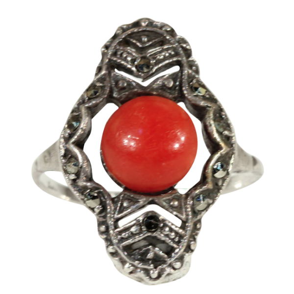 Vintage Coral and Marcasite Art Deco Ring in Sterling Silver