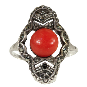 Vintage Coral and Marcasite Art Deco Ring in Sterling Silver
