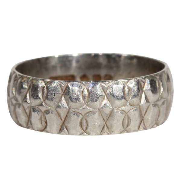Vintage English Platinum Wedding Band with Pattern, Hallmarked 1975