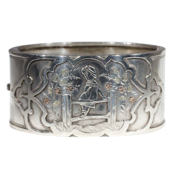 Antique Victorian Kate Greenaway Silver Bangle with Gold Accents