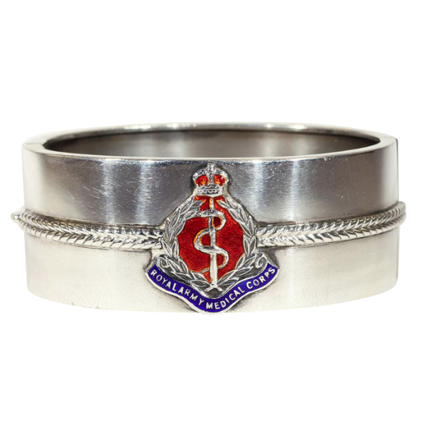 Vintage WWII Sweetheart Silver Bangle with Royal Army Medical Corp. Badge in Enamel