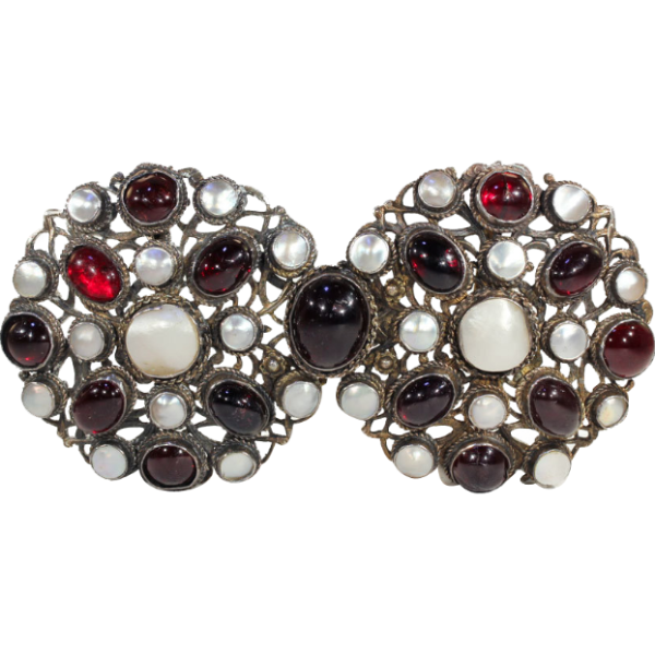 Antique Silver Belt Buckle, Austro-Hungarian Garnet and Mother of Pearl, c.1870