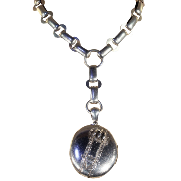 Antique Victorian Collar and Locket Necklace with Buckle Motif Locket in Sterling Silver