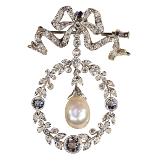 Edwardian Diamond, Pearl and Platinum Pendant Brooch, Garland Era Convertible