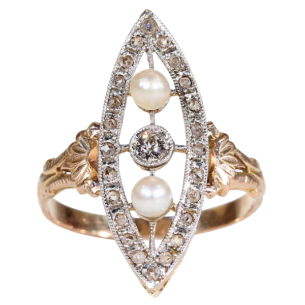 Antique French Diamond Pearl Navette Ring