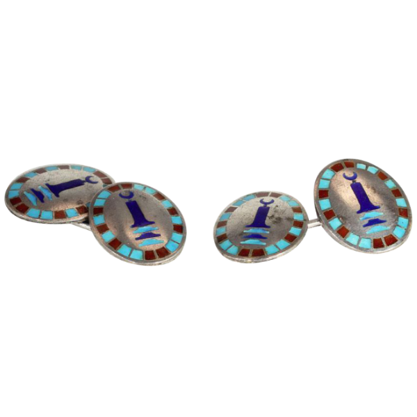 Vintage Art Deco Egyptian Revival Cufflinks, Sterling Silver and Enamel