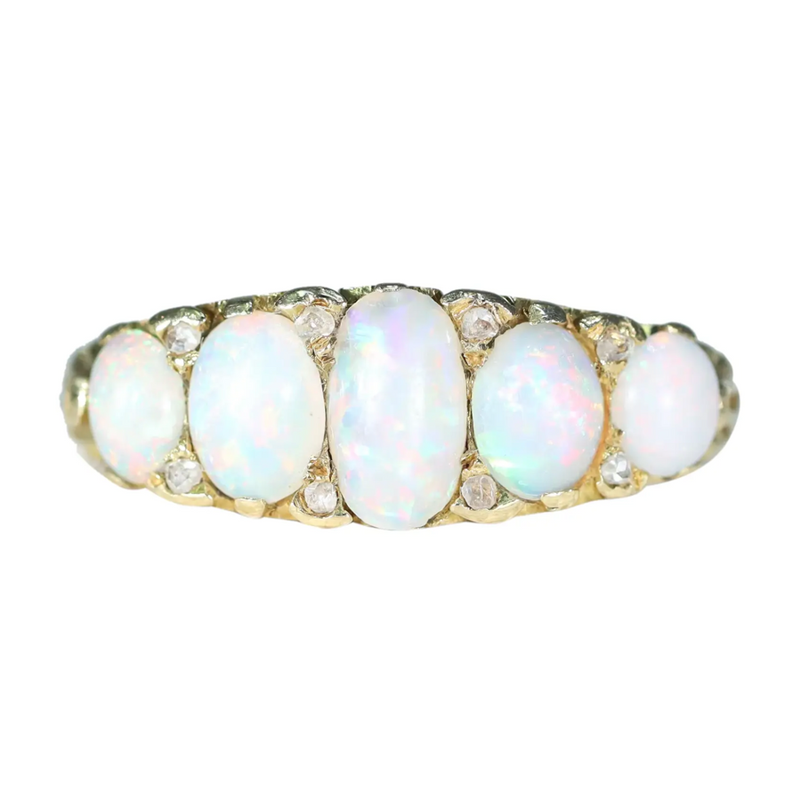 Edwardian 5 Stone Opal Diamond Ring 18k Gold