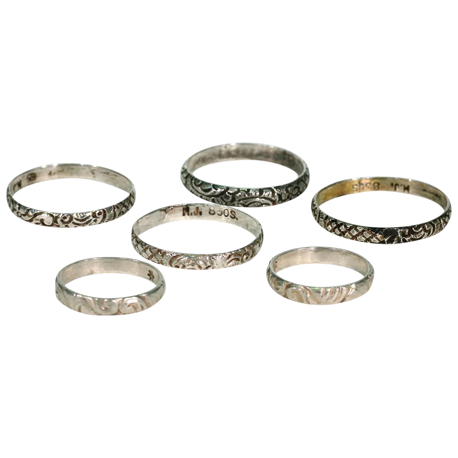 Set of 6 Antique Silver Band Rings